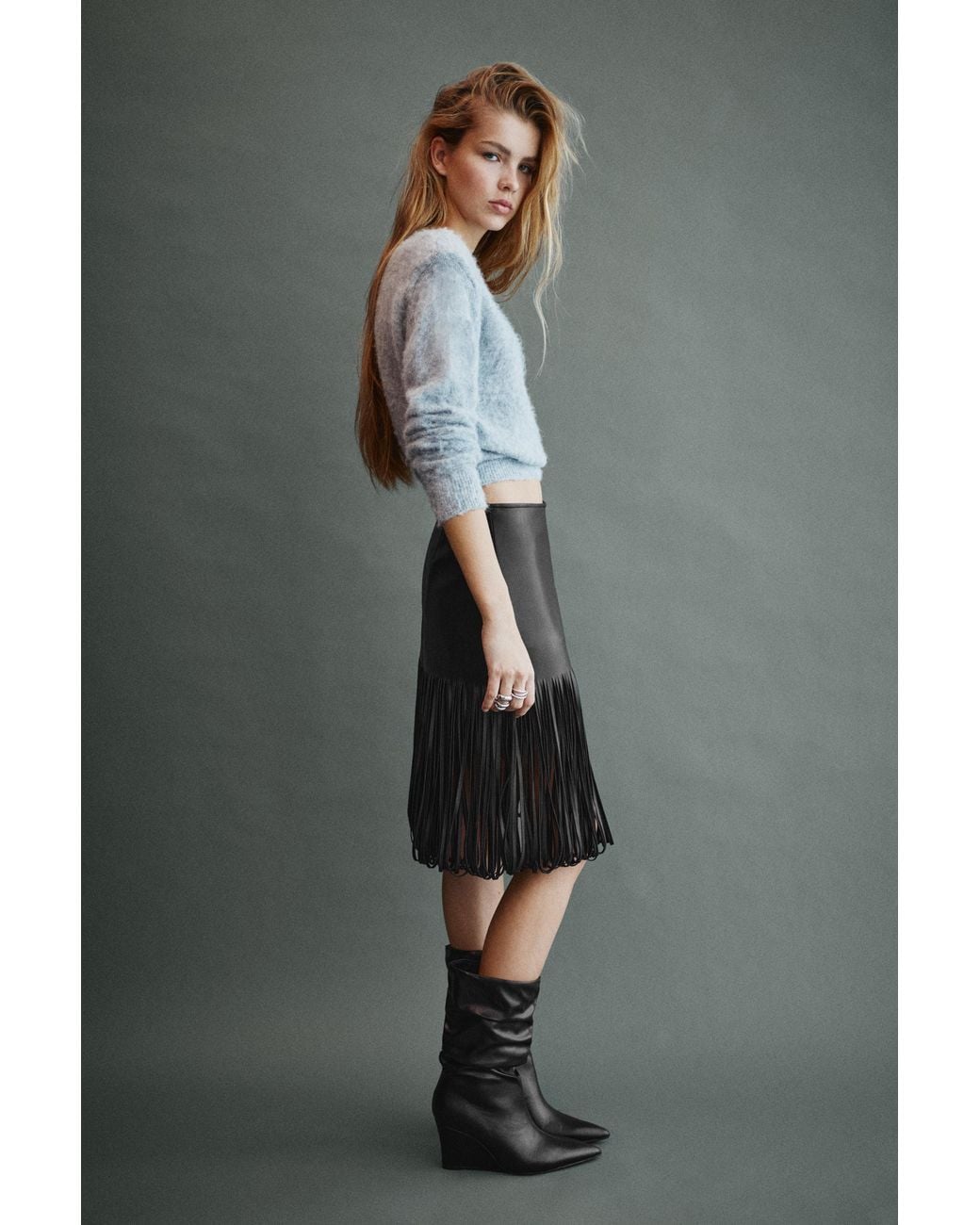 Pull&Bear Gray Leather Effect Fringe Skirt