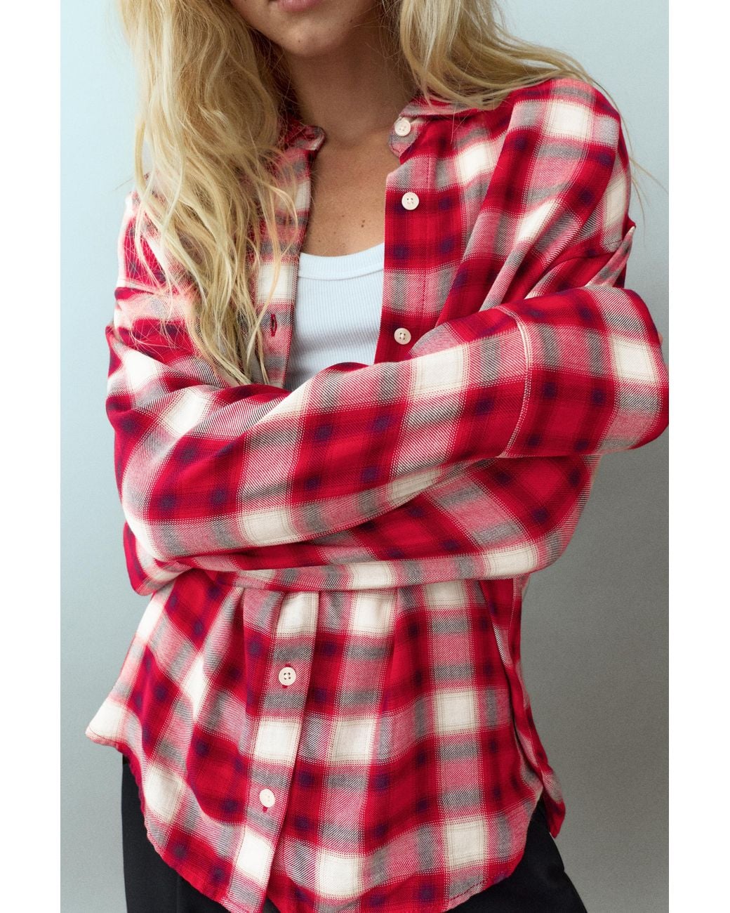 Pull&Bear Red Long Sleeve Check Shirt