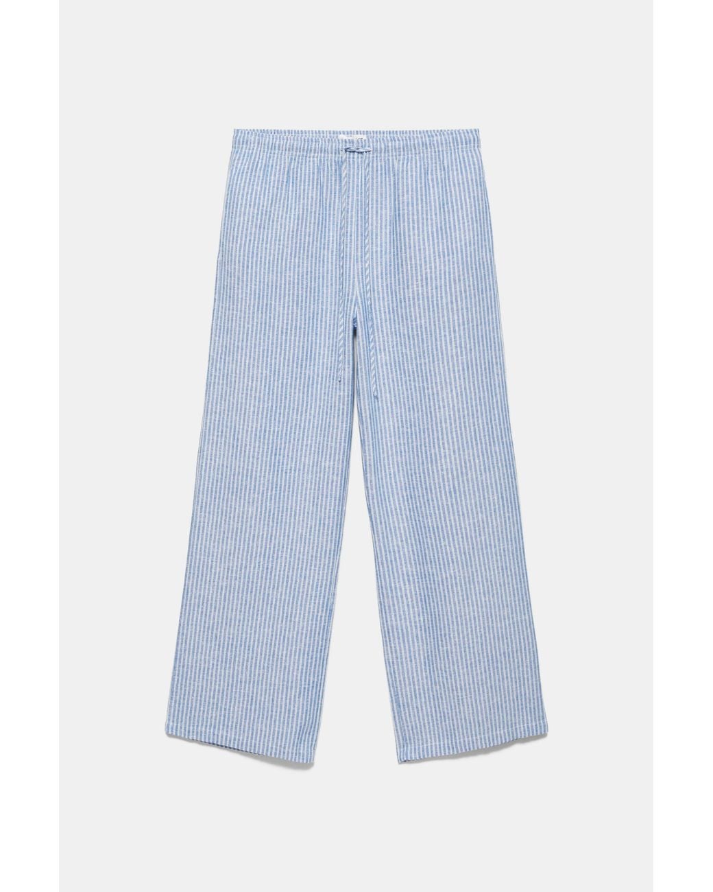 Pull&Bear Blue Striped Linen Blend Pyjama-Style Trousers