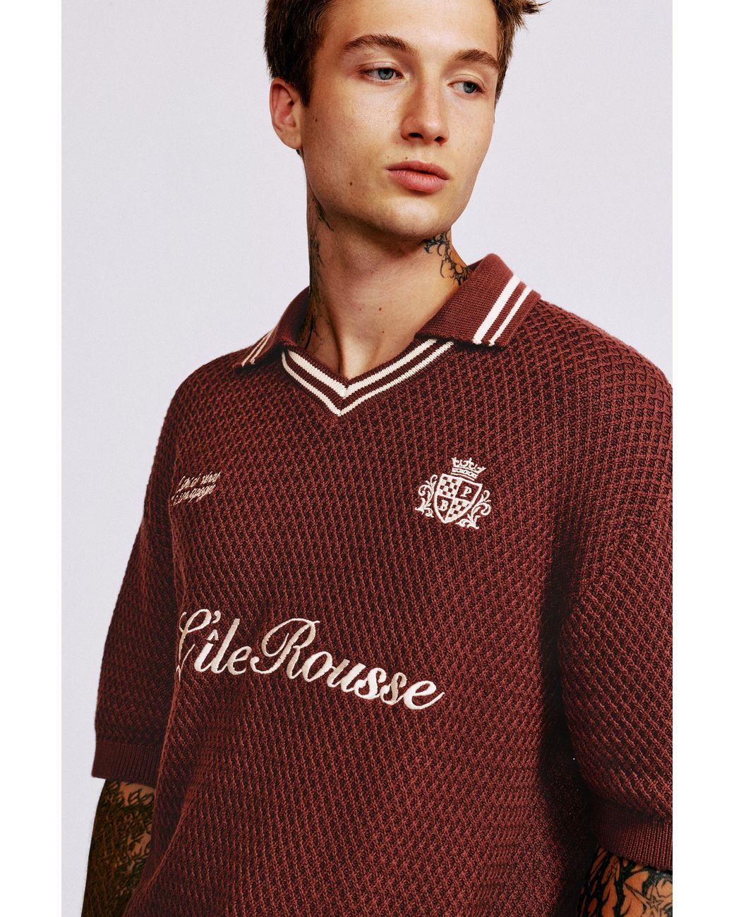 Pull&Bear Brown L'Île-Rousse Graphic Knit Polo Shirt for men