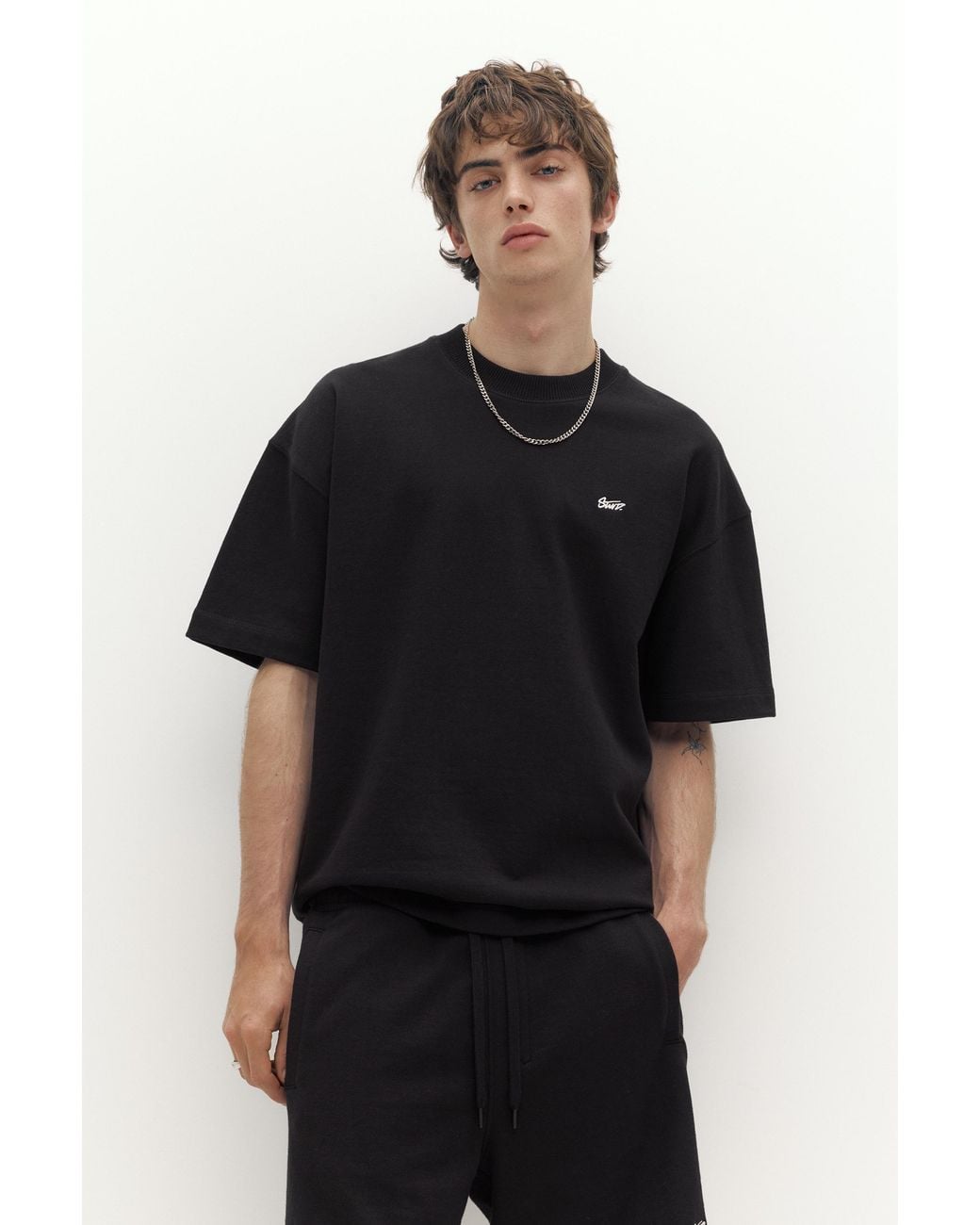 Pull&Bear Black Short Sleeve Logo Sweatshirt for men