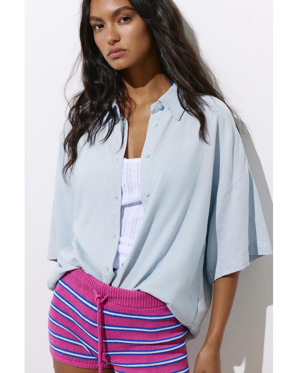 Pull&Bear Blue Short Sleeve Linen Blend Shirt