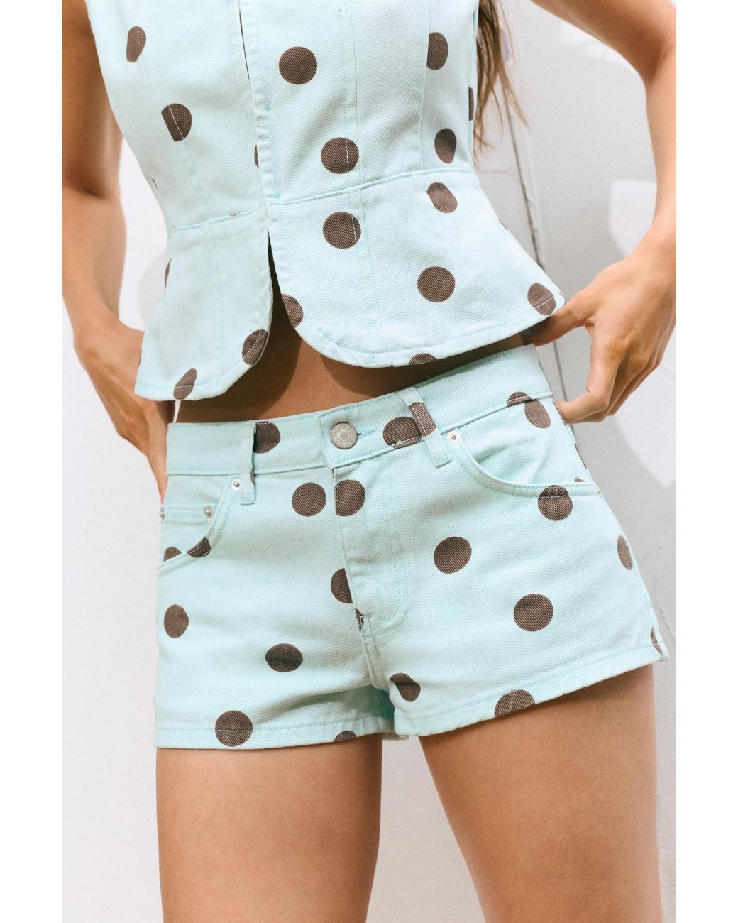 Pull&Bear Green Polka Dot Denim Mini Shorts