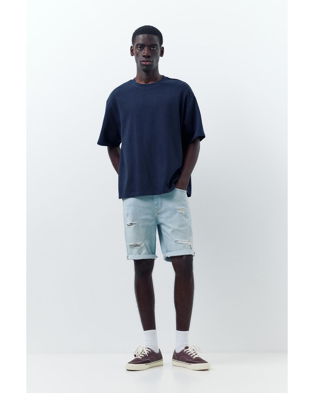 Pull&Bear Blue Ripped Denim Bermuda Shorts for men