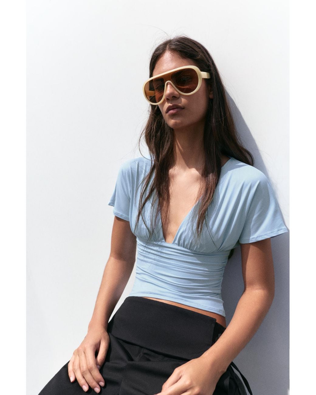 Top Froncé Col En V Pull&Bear en coloris Blue