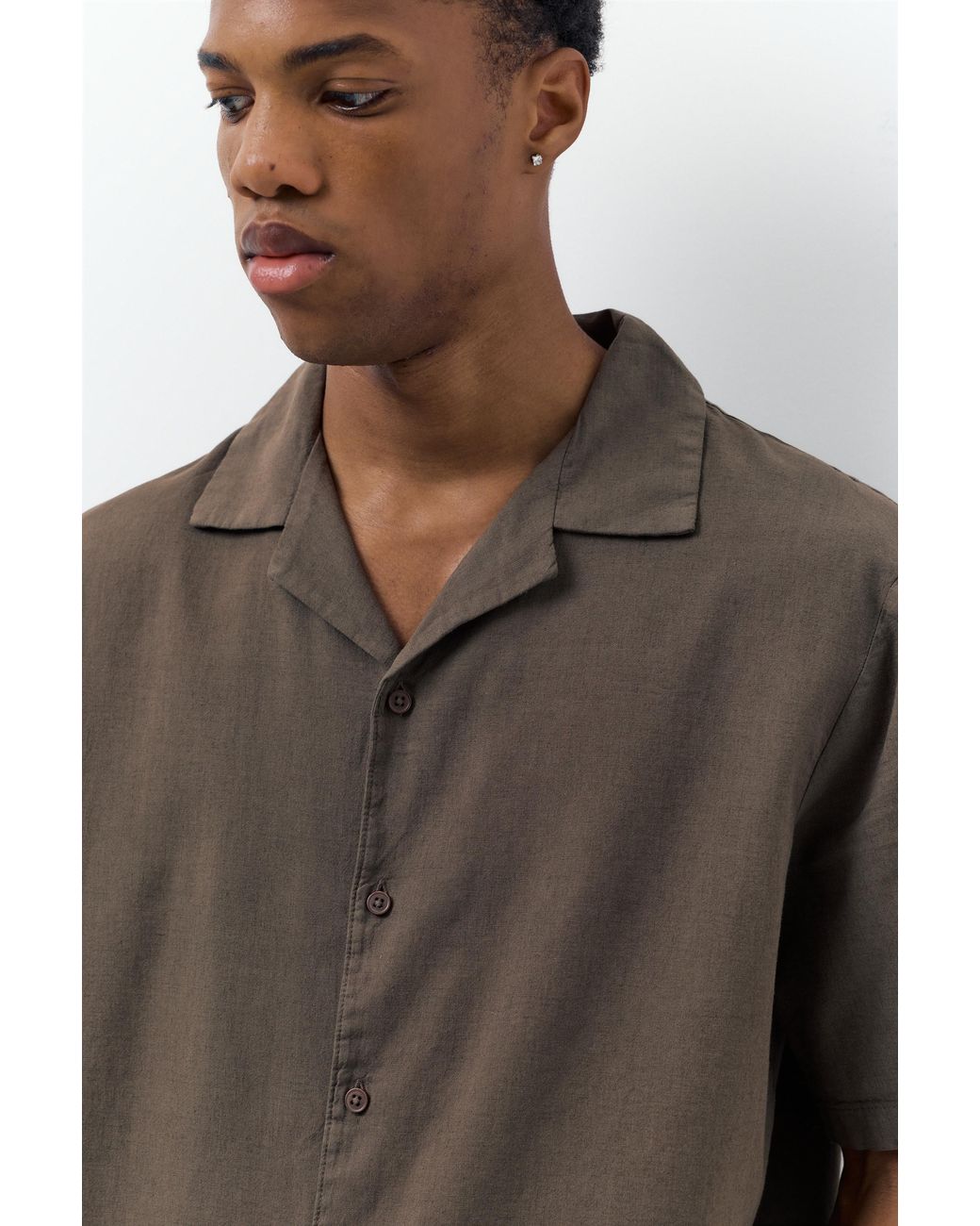 Pull&Bear Brown Short Sleeve Linen Blend Shirt for men