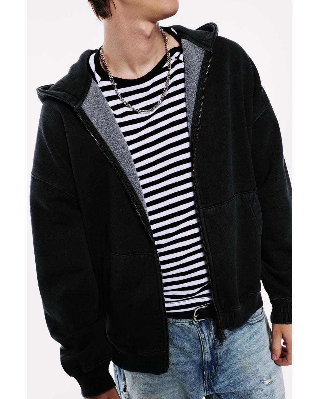 Pull&Bear Black Stwd Zip-Up Sweatshirt With Hood for men