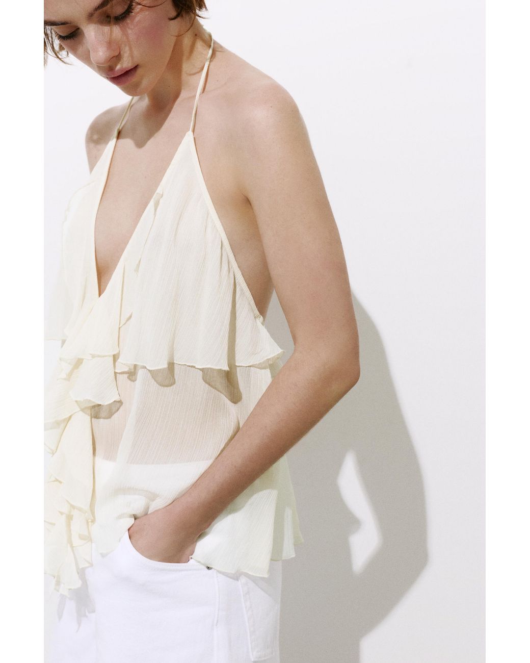 Pull&Bear White Halter Top With Ruffles
