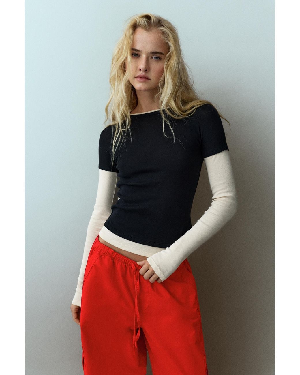 Pull&Bear Black Double-Sleeve T-Shirt