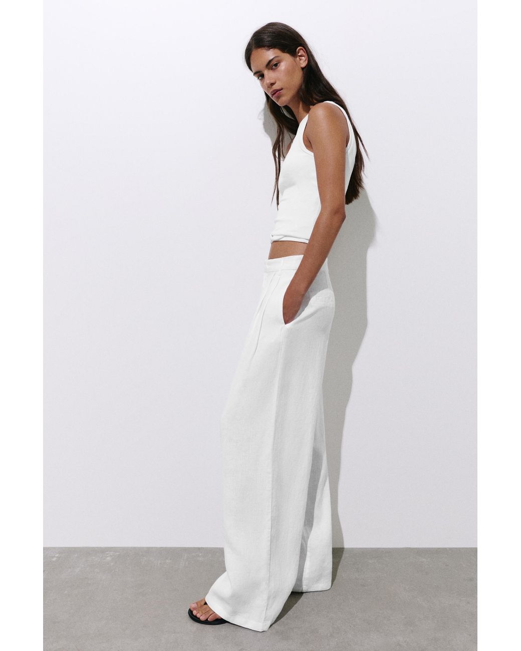 Pull&Bear Gray Wide-Leg 100% Linen Trousers