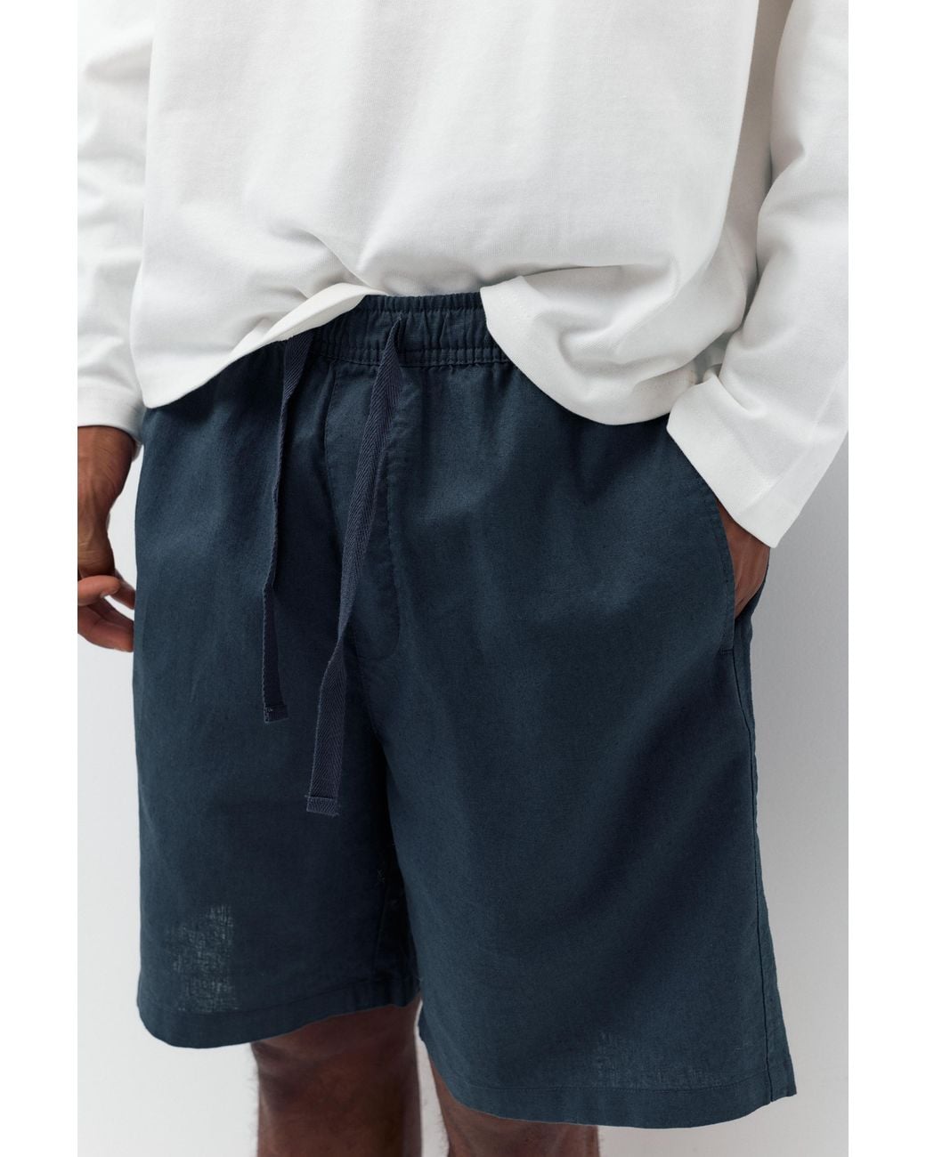 Pull&Bear Blue Linen Blend Bermuda Joggers for men