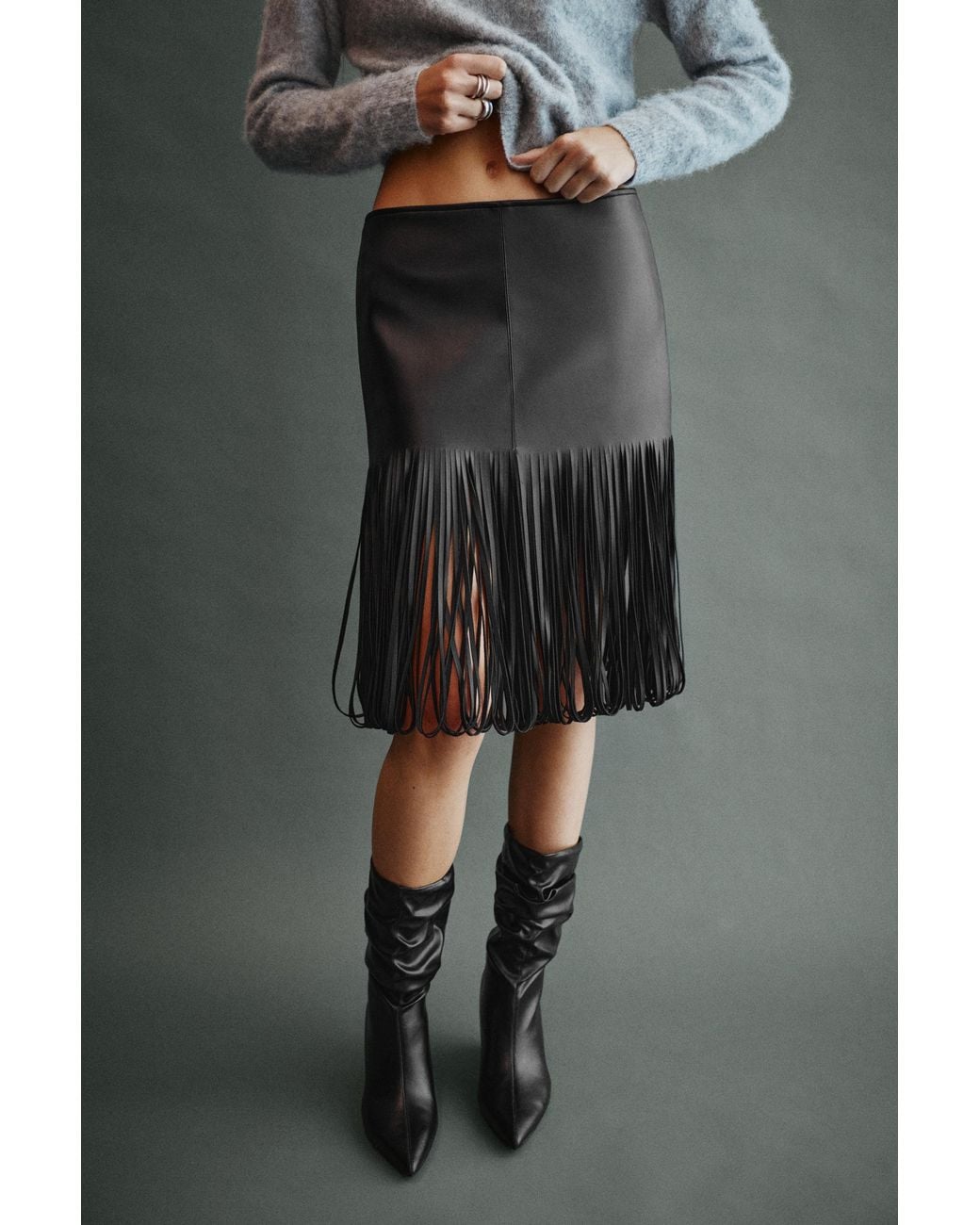 Pull&Bear Gray Leather Effect Fringe Skirt