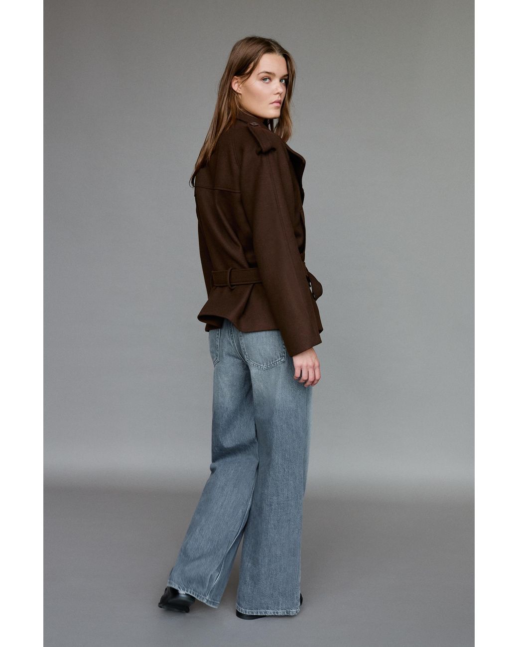 Pull&Bear Brown Short Felt Trench Coat With Belt