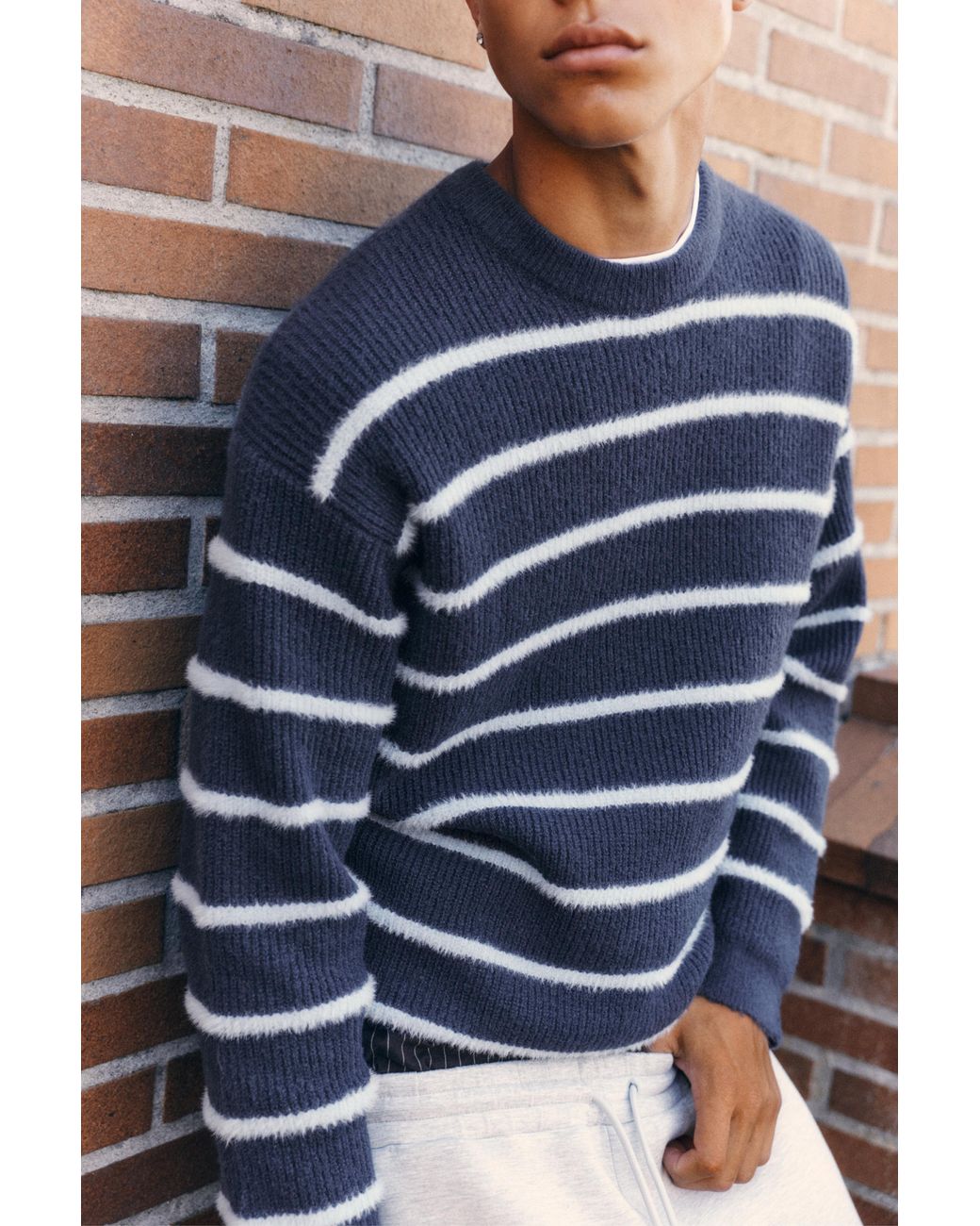 Pull&Bear Blue Embroidered Striped Jumper for men