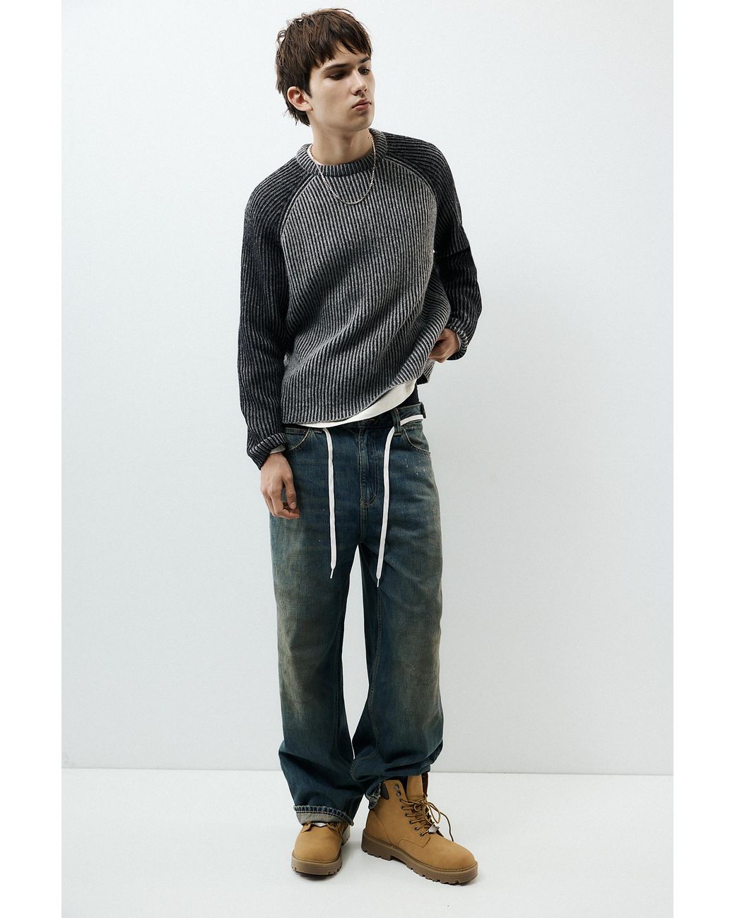 Pull Côtelé À Manches Raglan Pull&Bear pour homme en coloris Gray