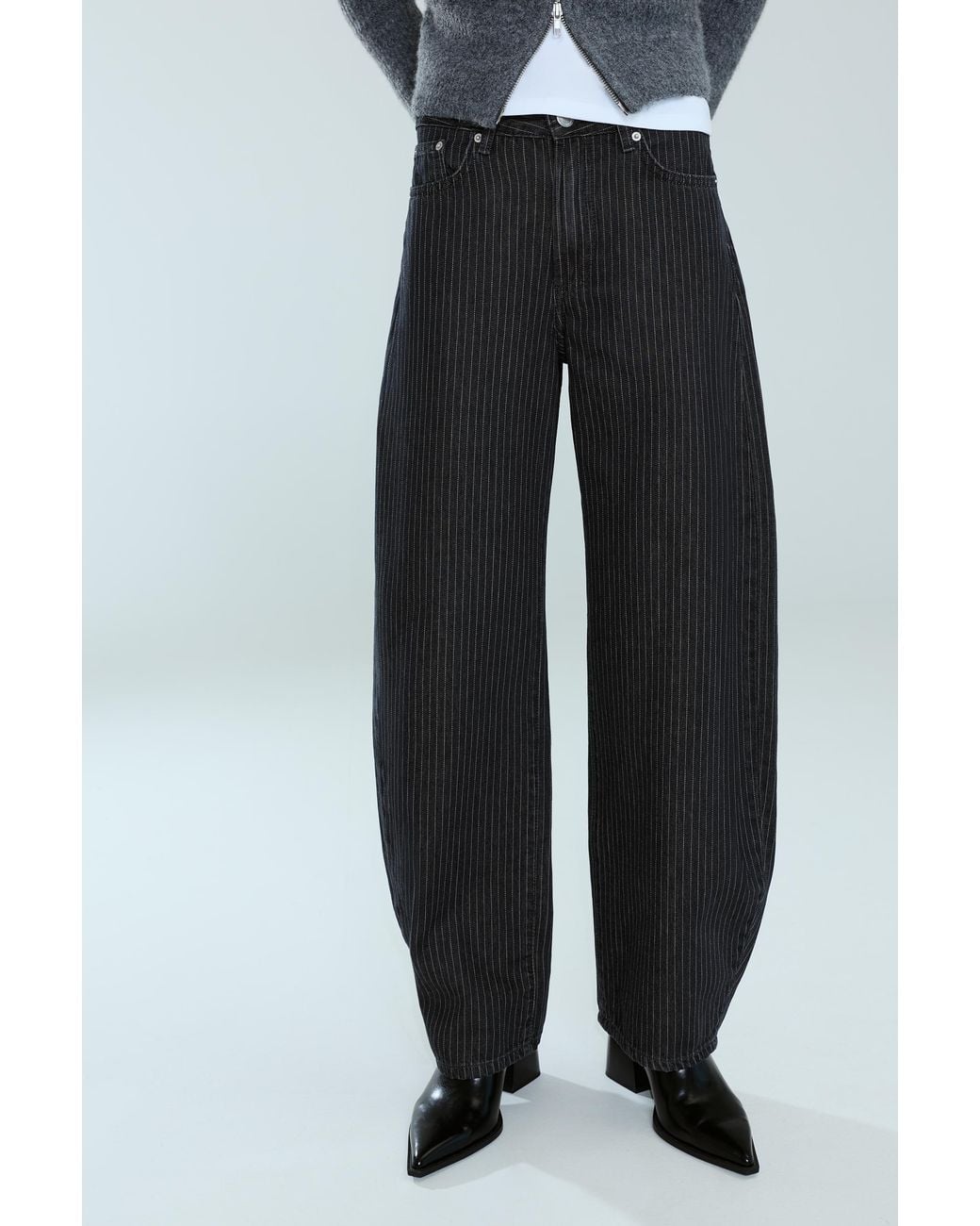 Pull&Bear Blue Striped Mid-Waist Barrel Jeans