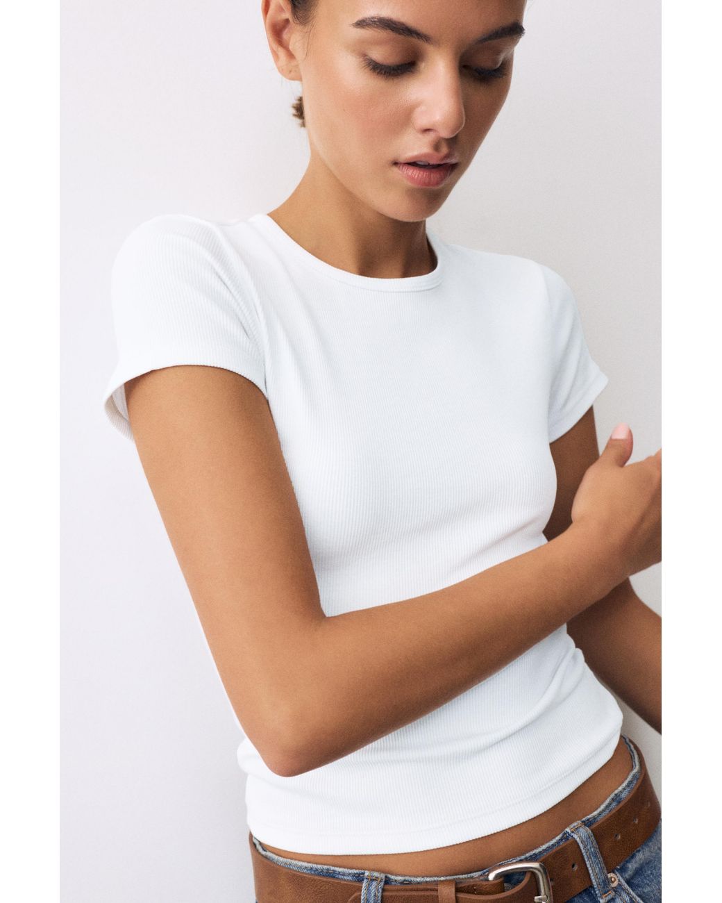Pull&Bear White Ribbed Short Sleeve T-Shirt