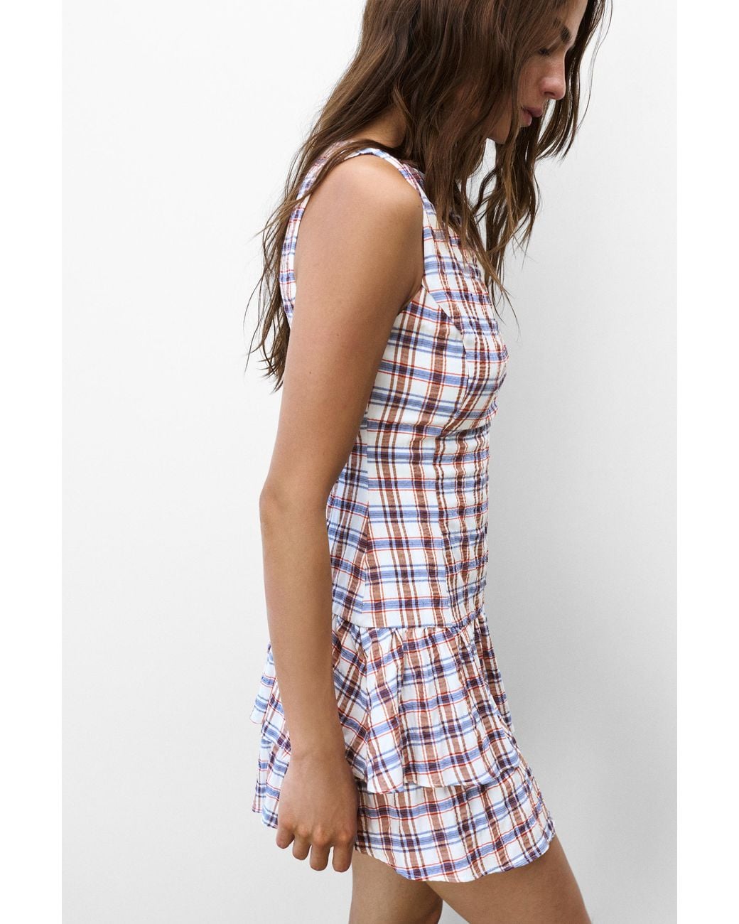 Pull&Bear Blue Check Print Ruffle Short Dress