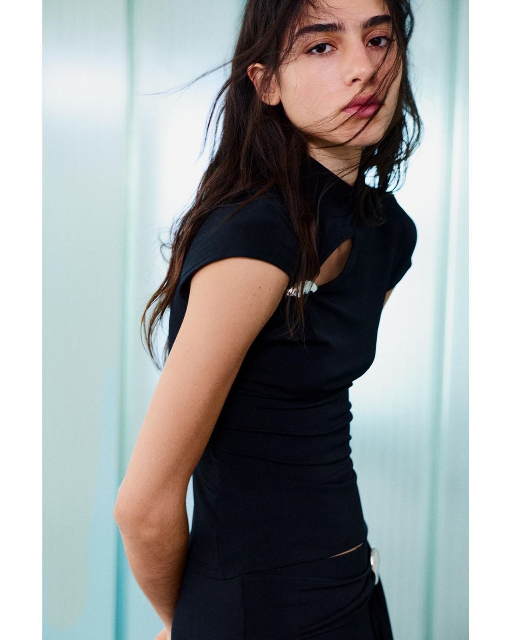 Pull&Bear Black Top With Cut-Out Appliqué