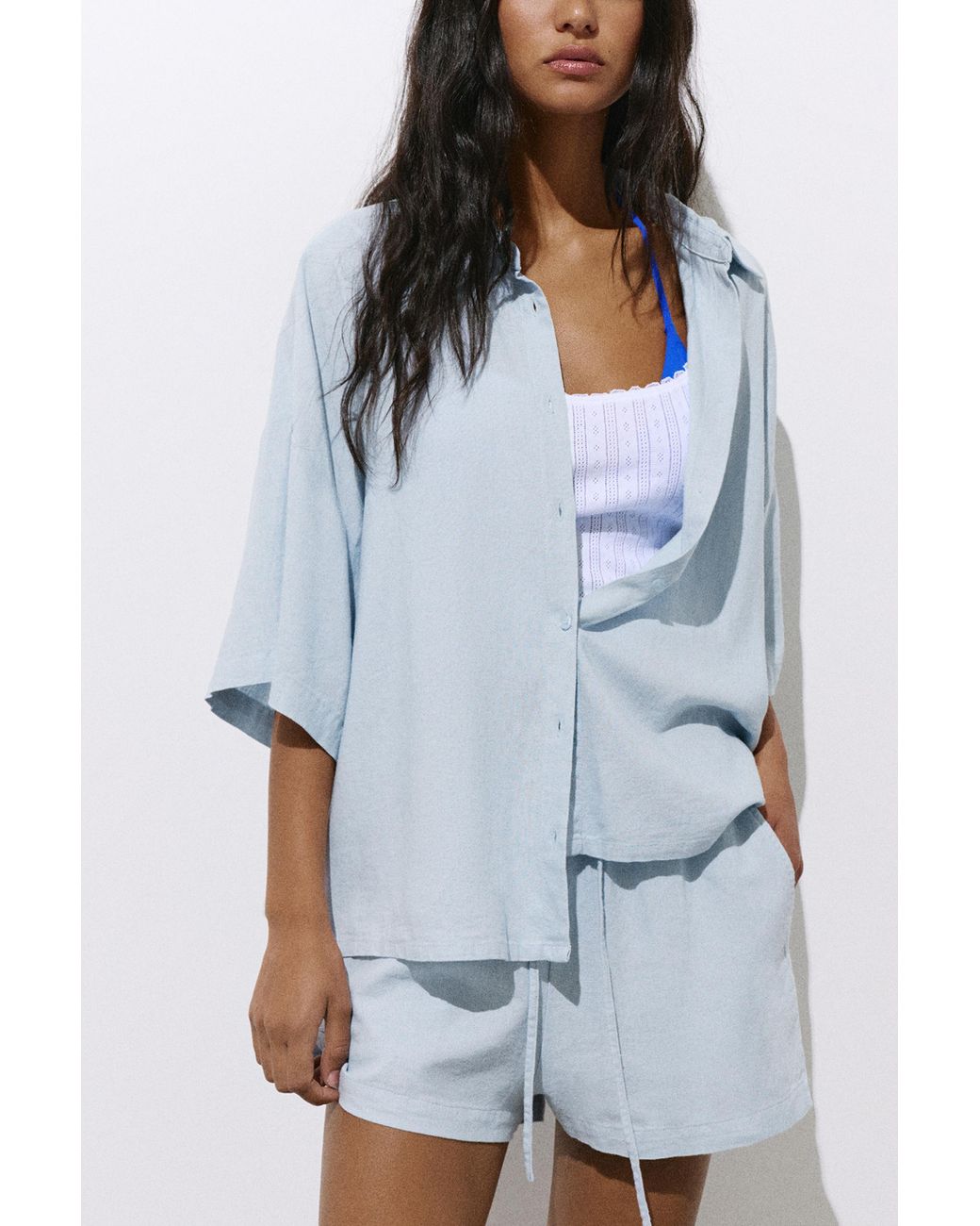 Pull&Bear Blue Short Sleeve Linen Blend Shirt