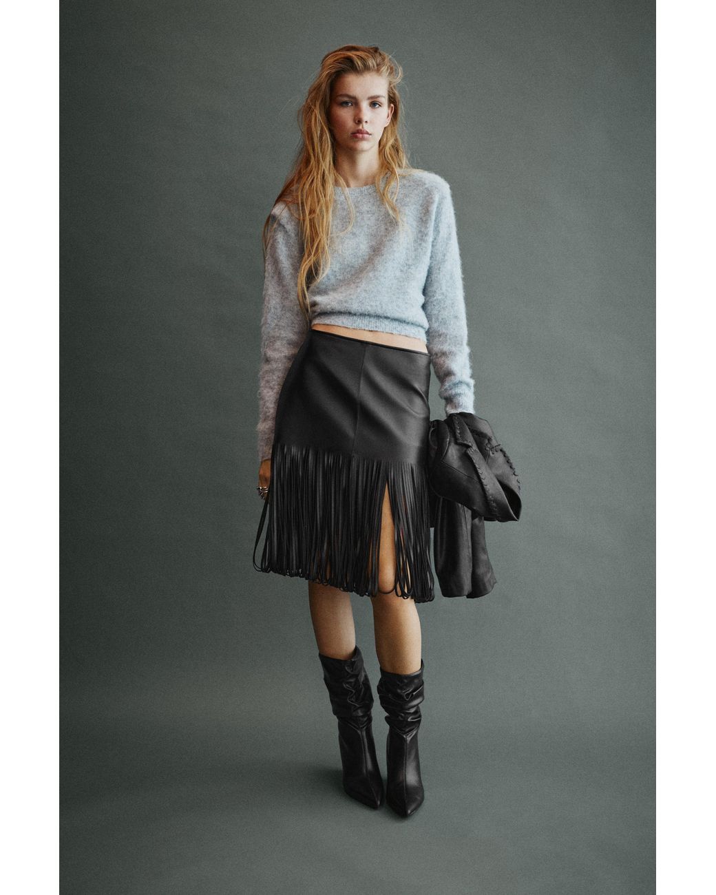 Pull&Bear Gray Leather Effect Fringe Skirt