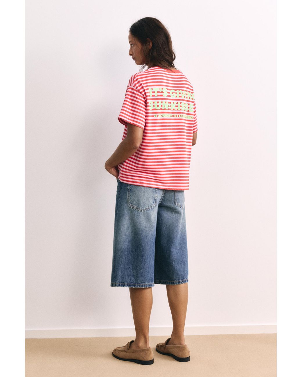 Pull&Bear Red Striped Text T-Shirt