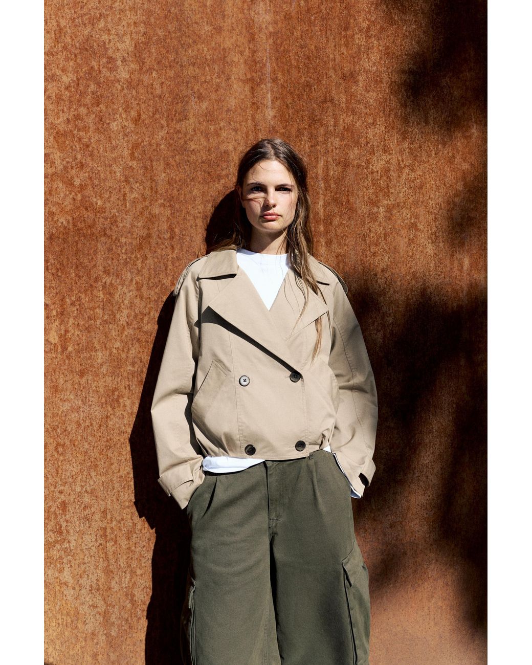 Pull&Bear Natural Balloon-Fit Short Trench Coat