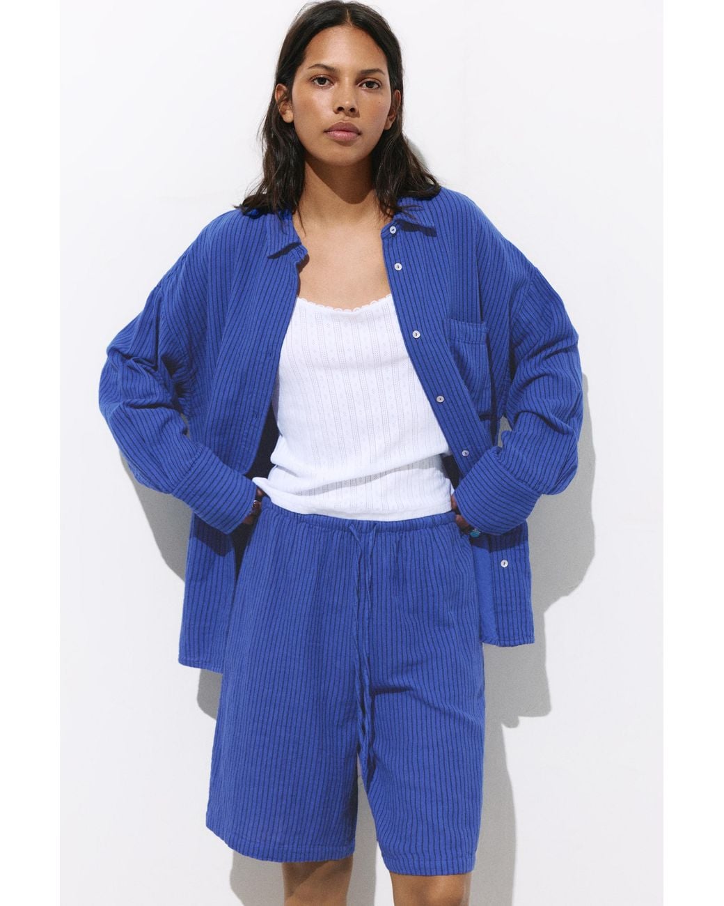Pull&Bear Blauwe Rustieke Bermuda Met Strepen in het Blue