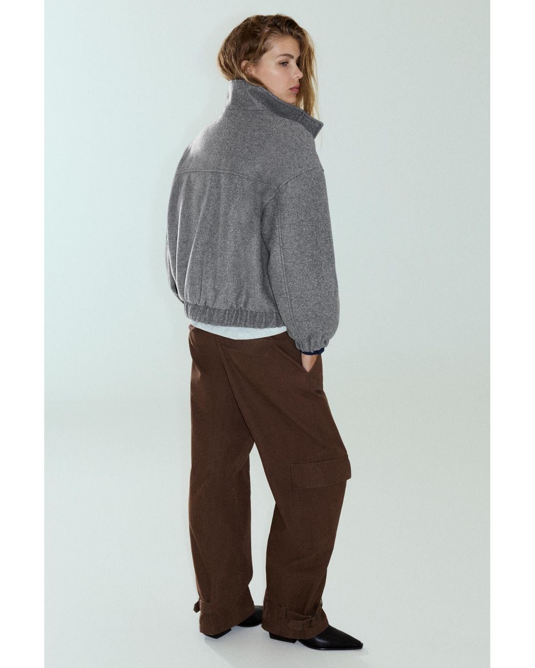 Pull&Bear Gray Cloth Bomber Jacket With A High Neck