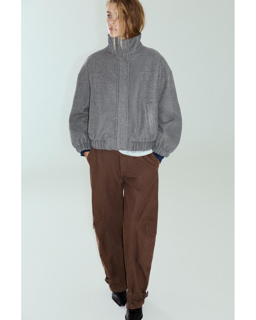 Pull&Bear Gray Cloth Bomber Jacket With A High Neck