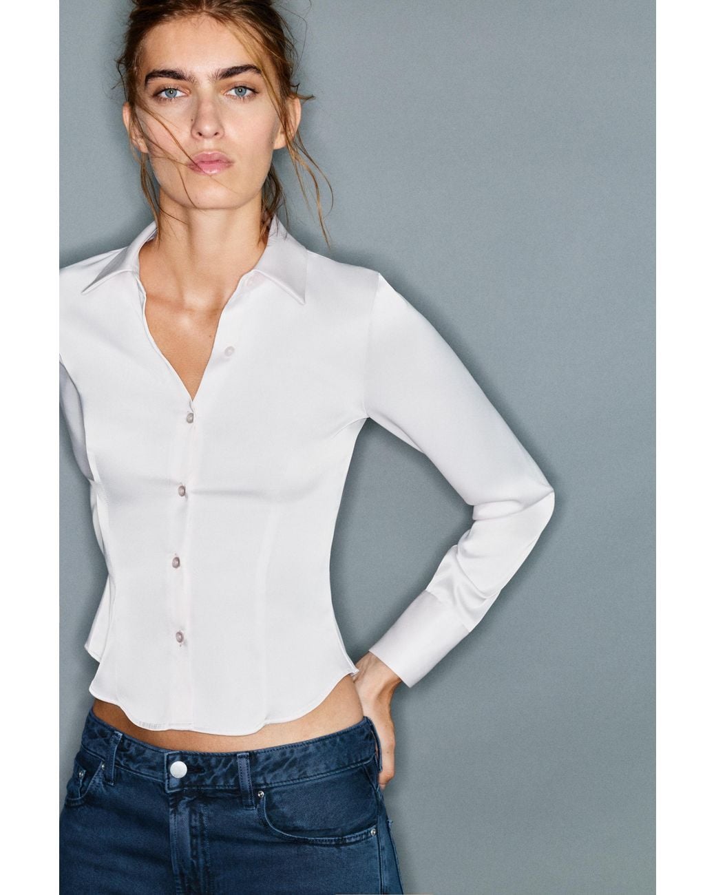 Pull&Bear Gray Fitted Satin Shirt