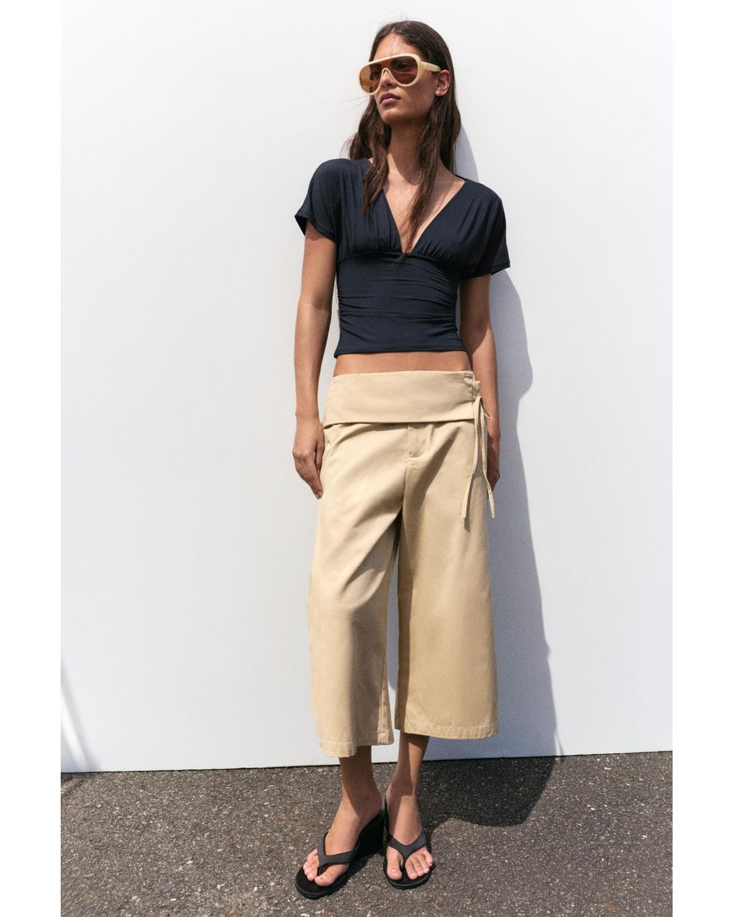 Pull&Bear Blue Top Mit Gerafftem V-Ausschnitt