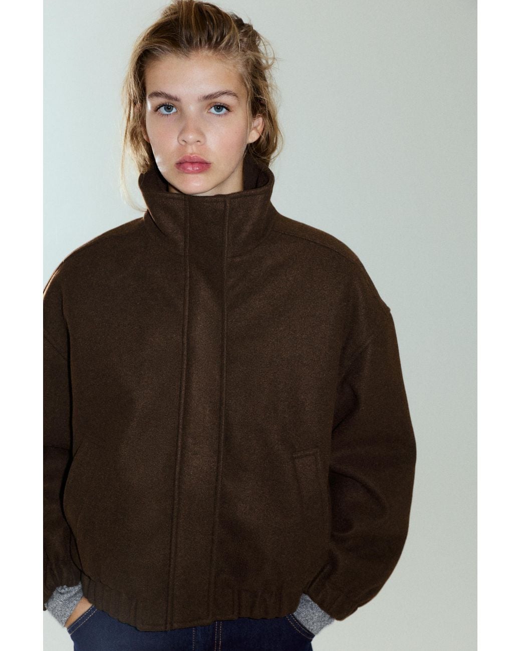 Pull&Bear Brown Cloth Bomber Jacket With A High Neck