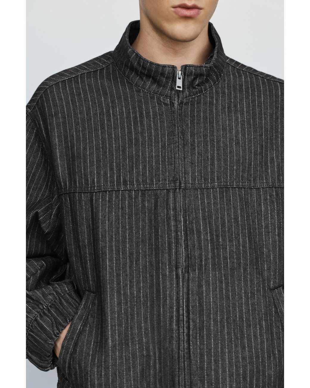 Pull&Bear Black Pinstripe Denim Jacket for men