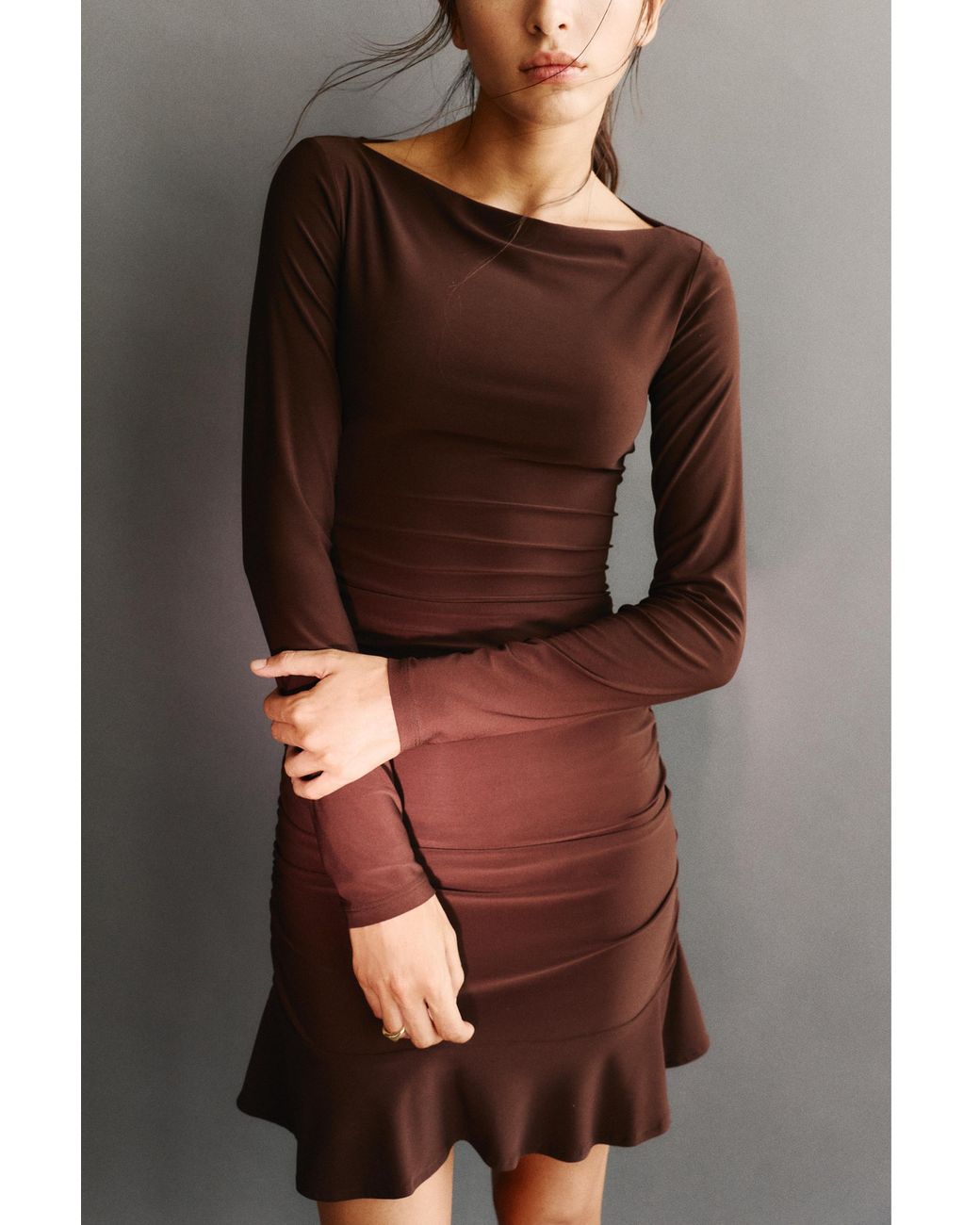 Pull&Bear Brown Gathered Short Dress