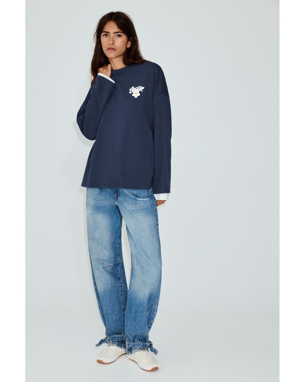 Pull&Bear Blue Oversize Stwd Flower T-Shirt