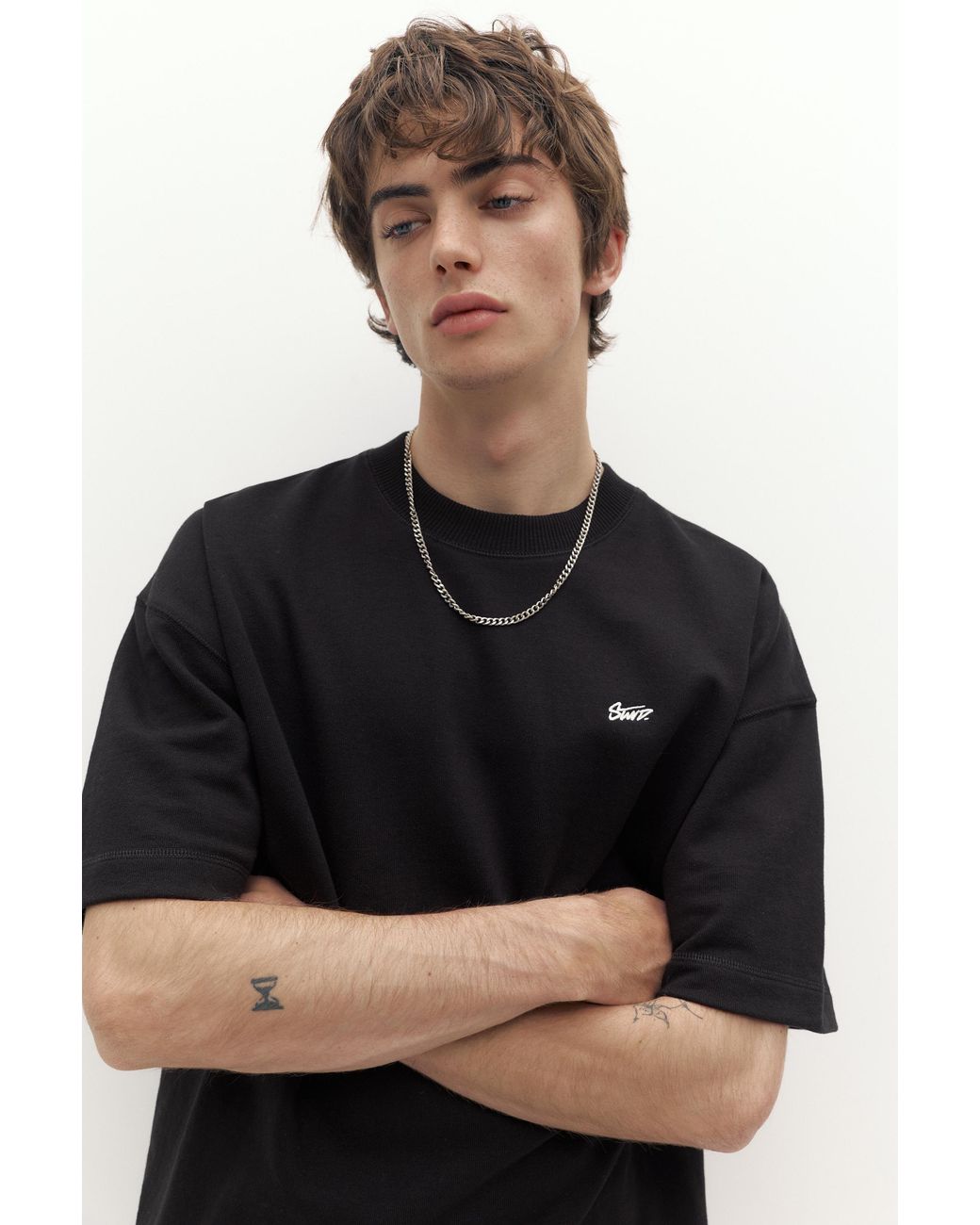 Pull&Bear Black Short Sleeve Logo Sweatshirt for men