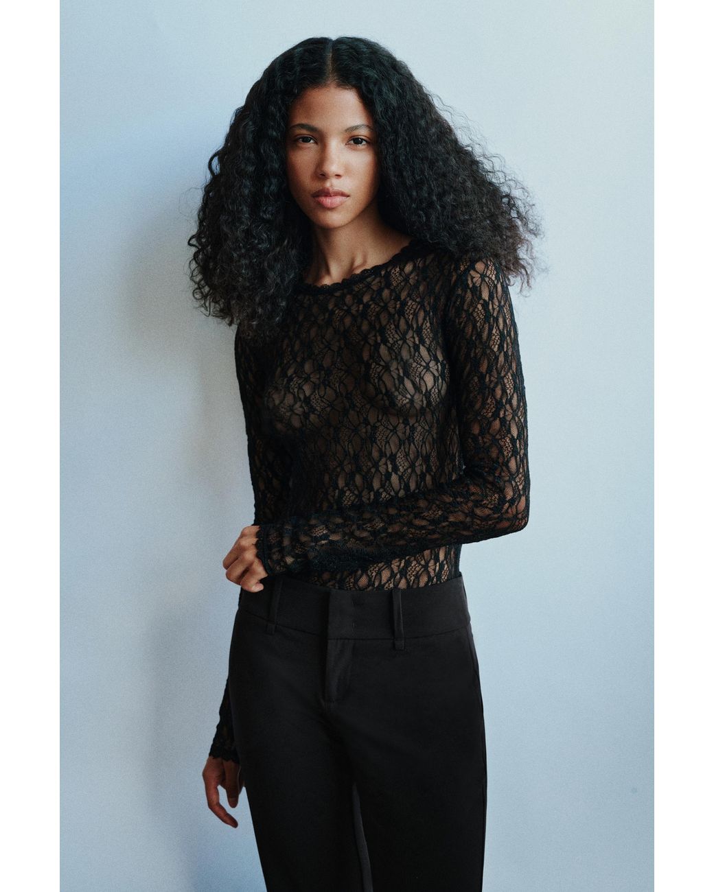 Pull&Bear Black Long Sleeve Lace Bodysuit