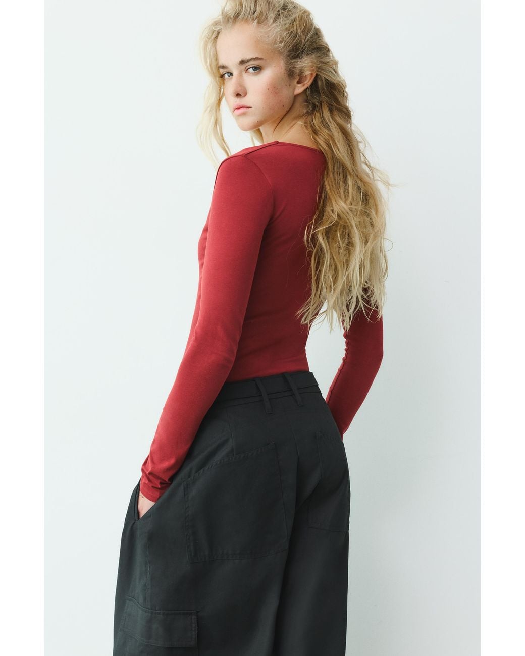 Pull&Bear Red V-Neck Bodysuit