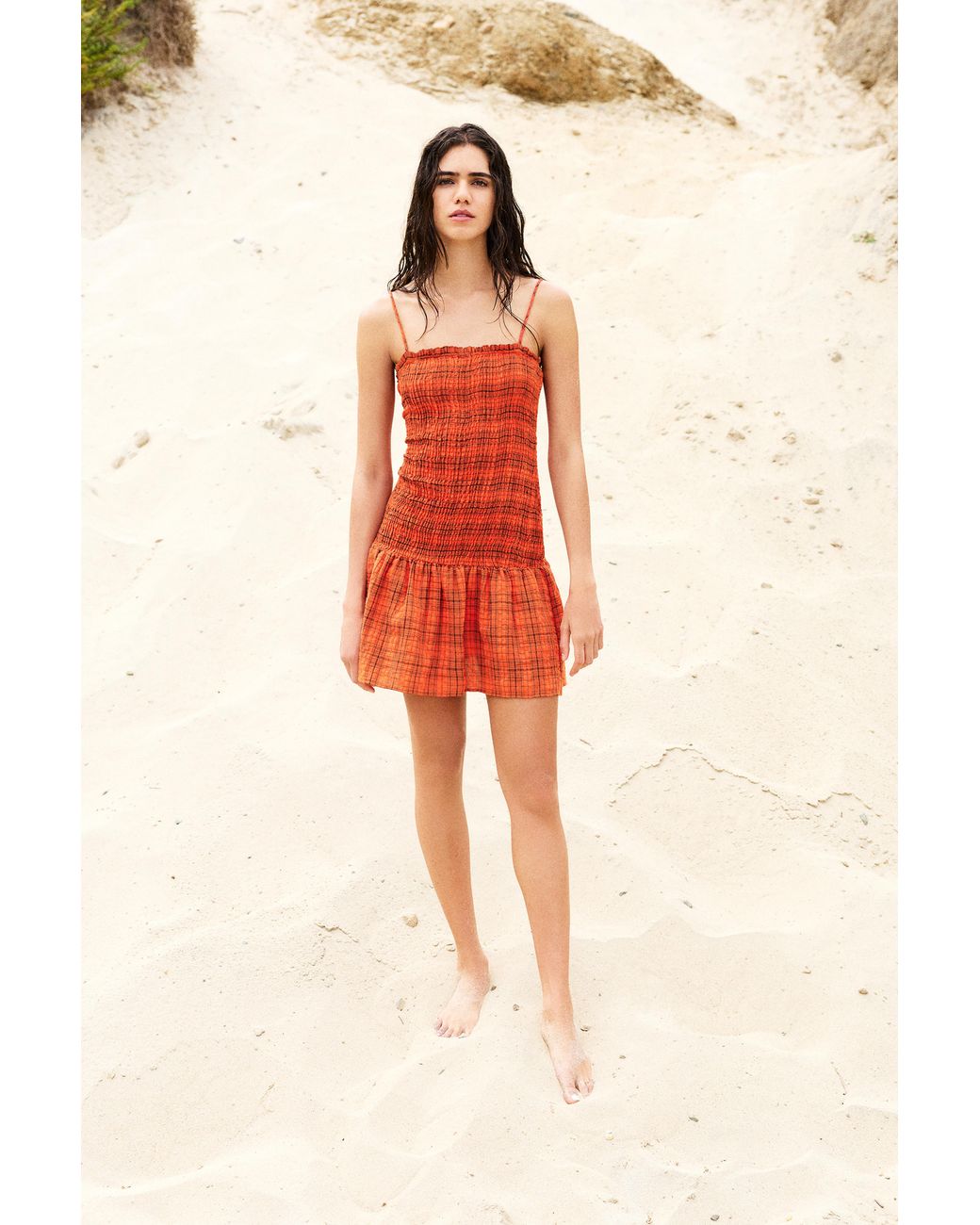 Pull&Bear Red Check Smocked Dress