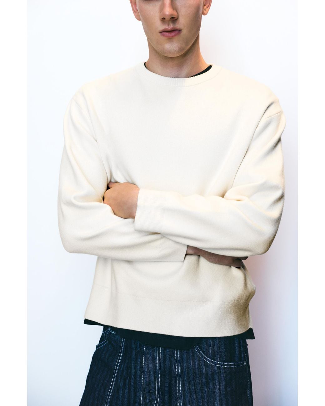 Pull&Bear White Soft Round Neck Jumper for men