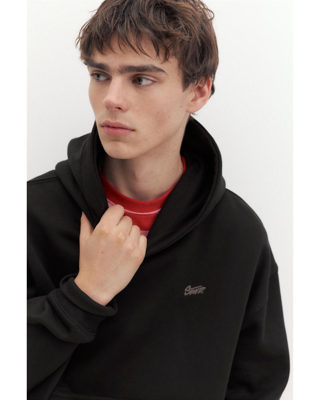 Pull&Bear Black Stwd Logo Boxy Hoodie for men