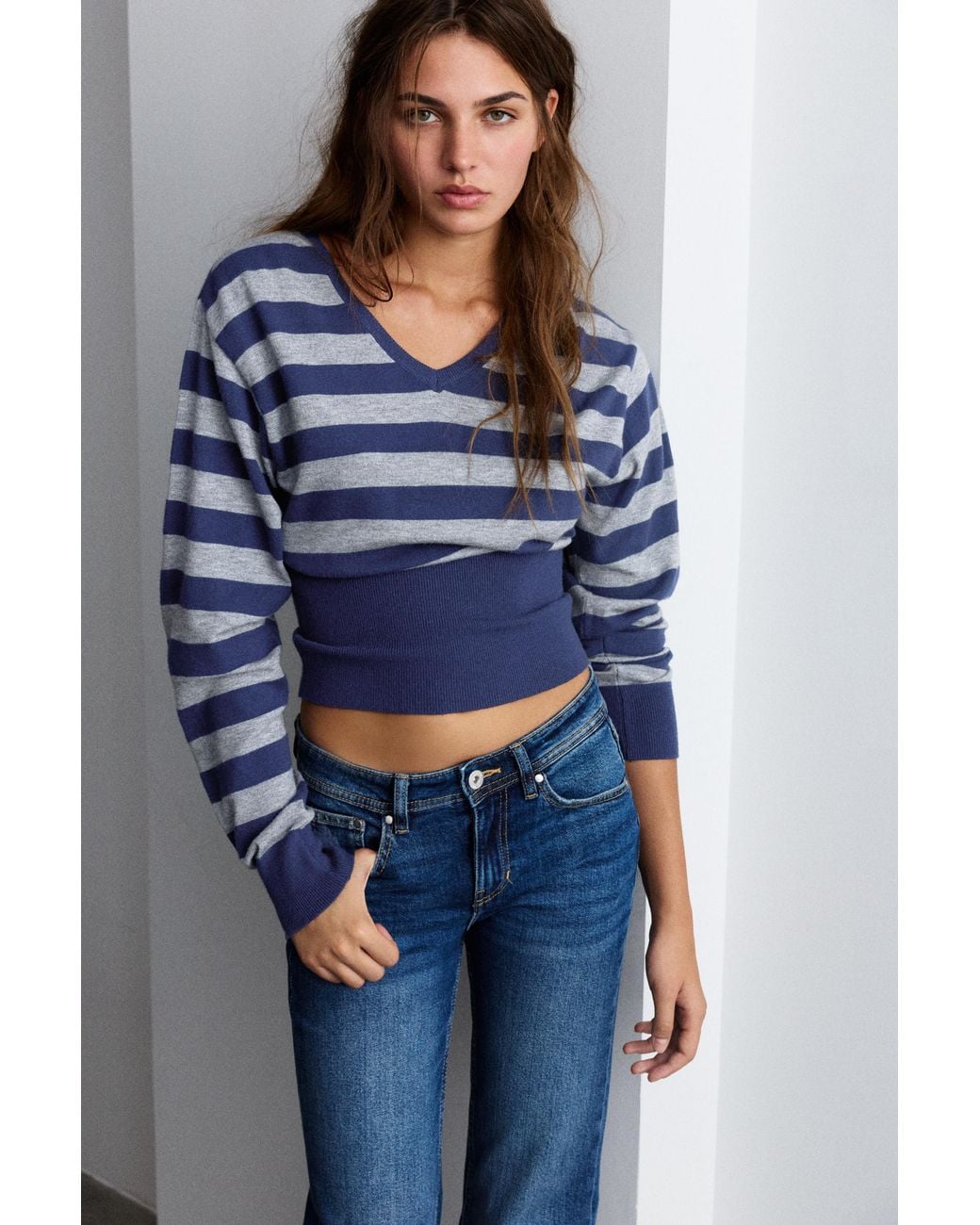 Pull&Bear Blue Striped V-Neck Jumper