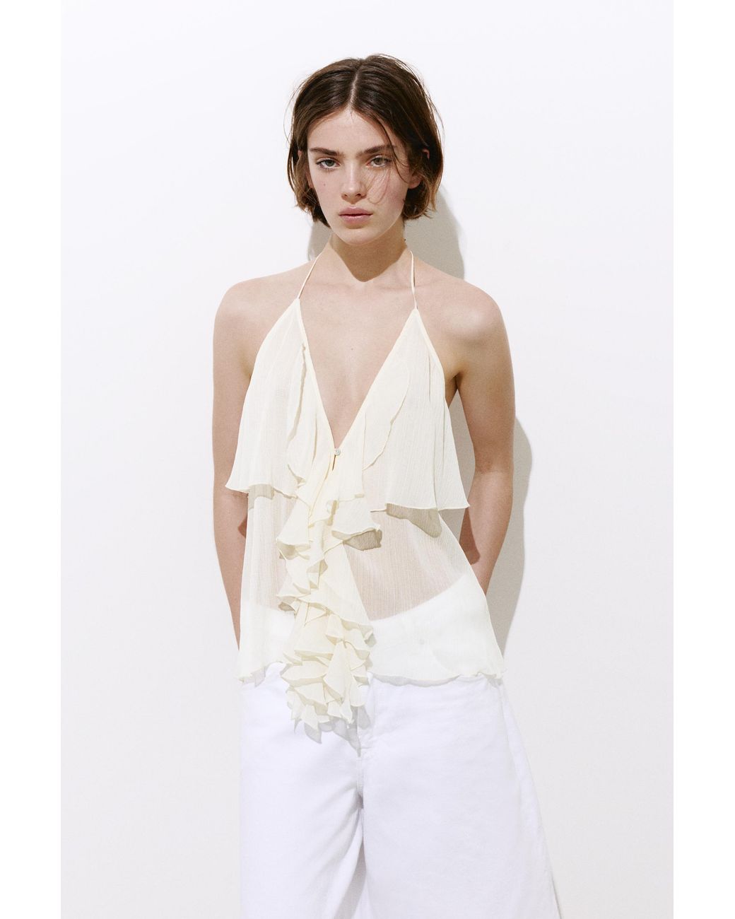 Pull&Bear White Halter Top With Ruffles