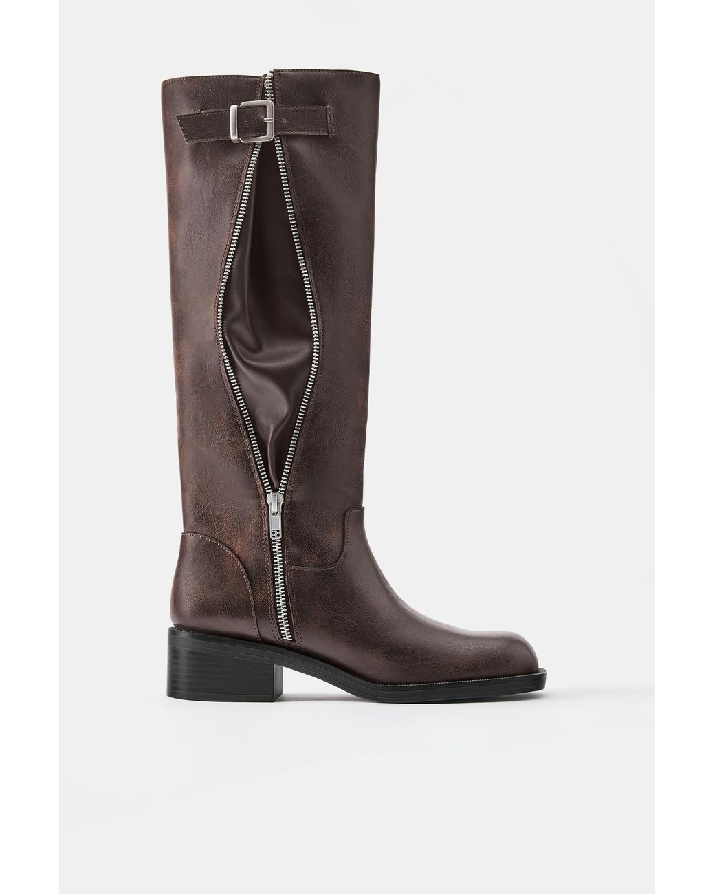 Pull&Bear Brown Decorative Zip Knee-High Boots