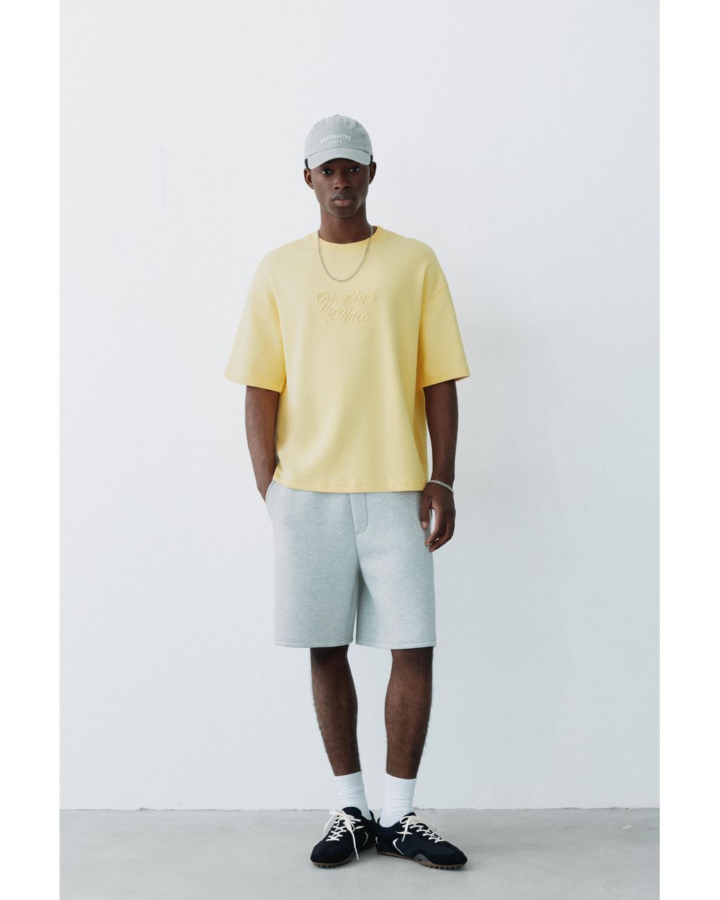 Pull&Bear Yellow Short Sleeve Sweatshirt With Raised Slogan for men