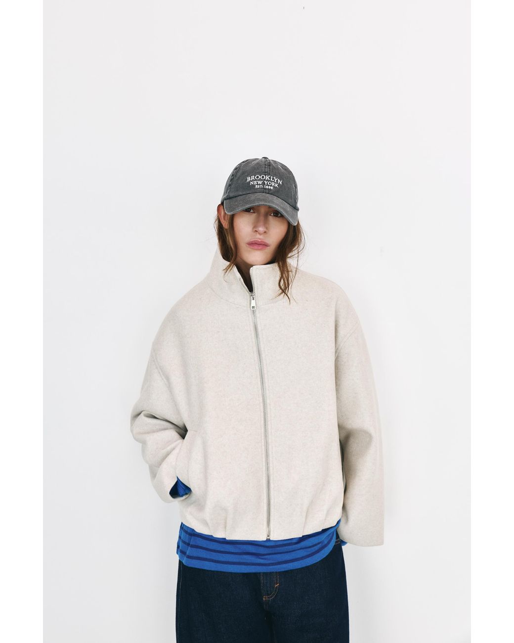 Pull&Bear White Wool-Blend Balloon Bomber Jacket