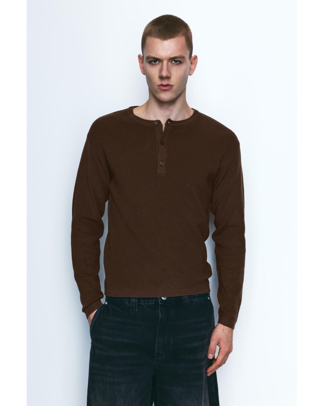 Pull&Bear Brown Henley Collar Jumper for men