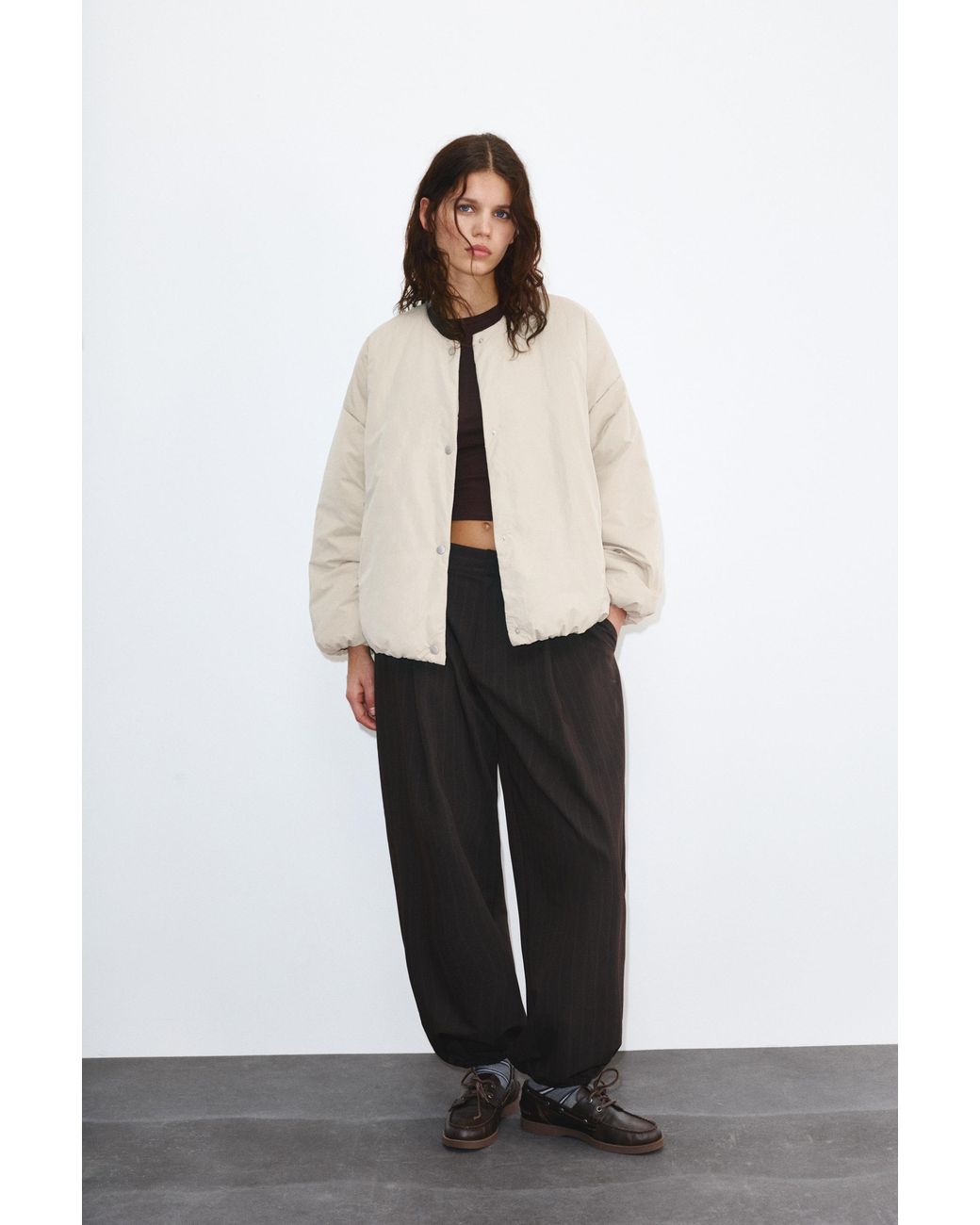 Pull&Bear Natural Quilted Jacket With Snap Button