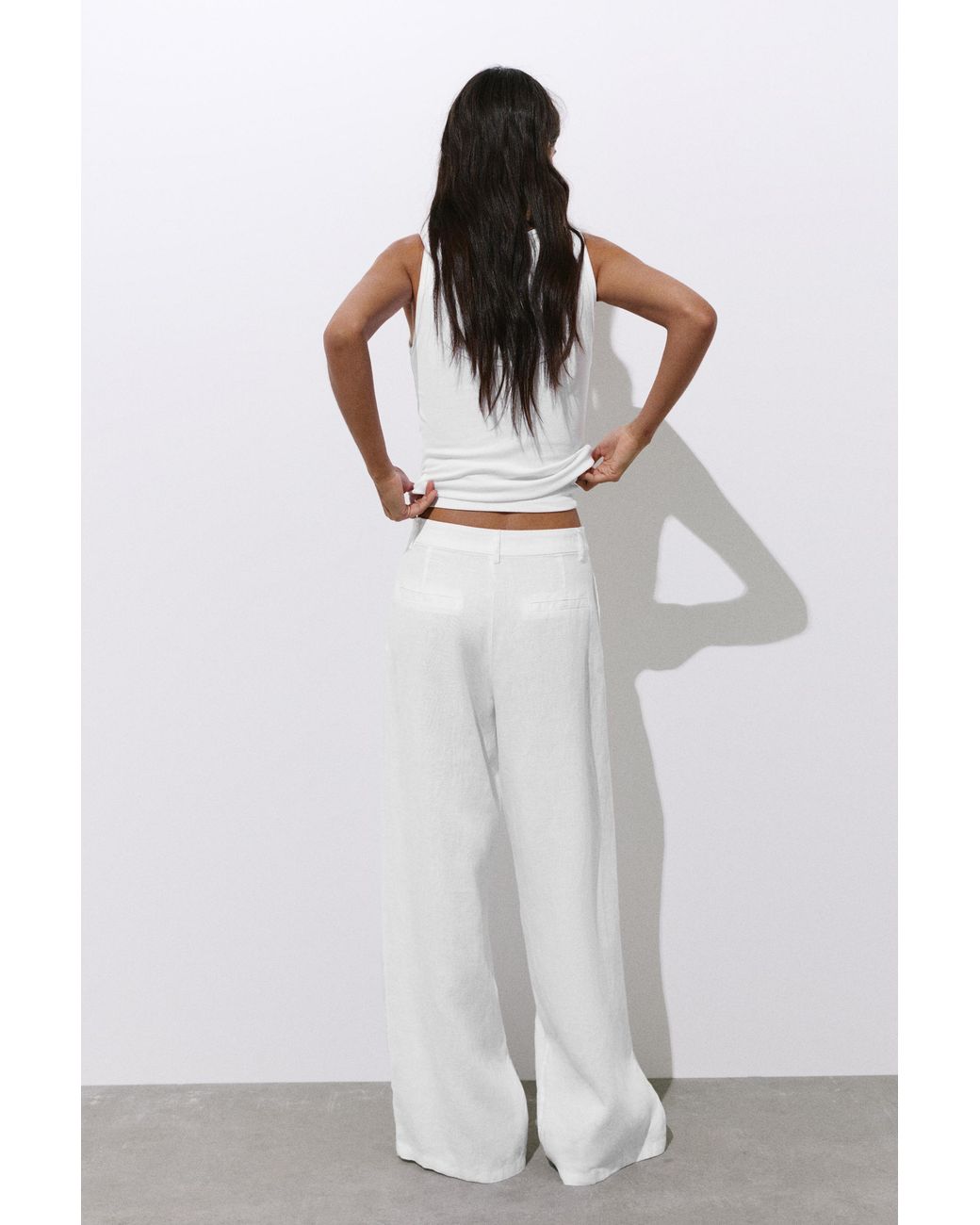 Pull&Bear Gray Wide-Leg 100% Linen Trousers